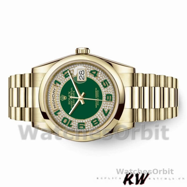 Replique Rolex Day-Date 36mm Unisex-118208-Or jaune-Diamant pavé vert-Cadran arabe Vert