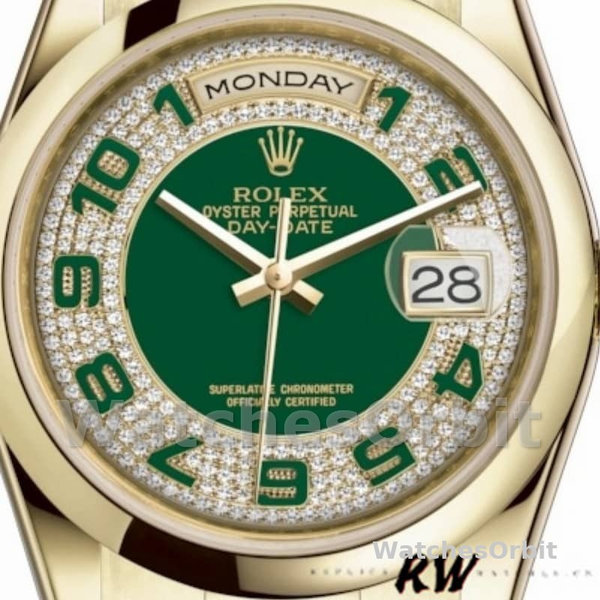 Replique Rolex Day-Date 36mm Unisex-118208-Or jaune-Diamant pavé vert-Cadran arabe Vert