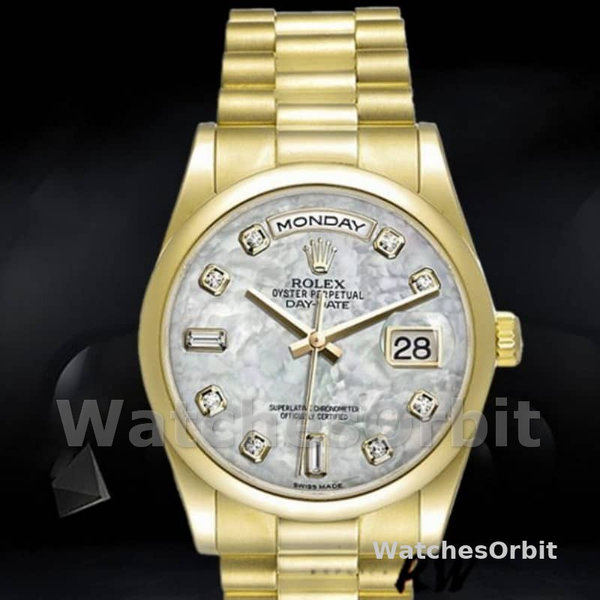 Replica Rolex Day-Date 36mm unisex-118208-geel goud-metoriet grijs met diamant wijzerplaat