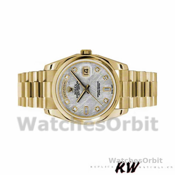 Replica Rolex Day-Date 36mm unisex-118208-geel goud-metoriet grijs met diamant wijzerplaat