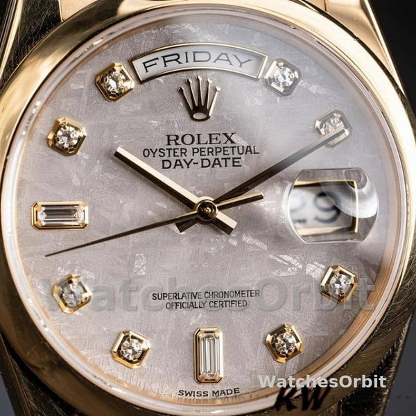 Replica Rolex Day-Date 36mm unisex-118208-geel goud-metoriet grijs met diamant wijzerplaat