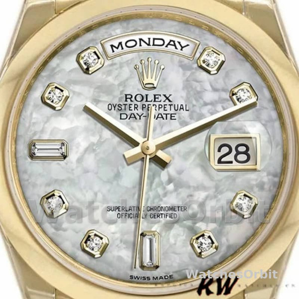 Replique Rolex Day-Date 36mm Unisex-118208-Or jaune-Mère de Perle-Diamant Cadran MOP