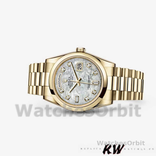 Replique Rolex Day-Date 36mm Unisex-118208-Or jaune-Mère de Perle-Diamant Cadran MOP