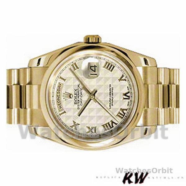 Replique Rolex Day-Date 36mm Unisex-118208-Or jaune-Numéro romain Pyramide-Cadran Ivoire Ivoire
