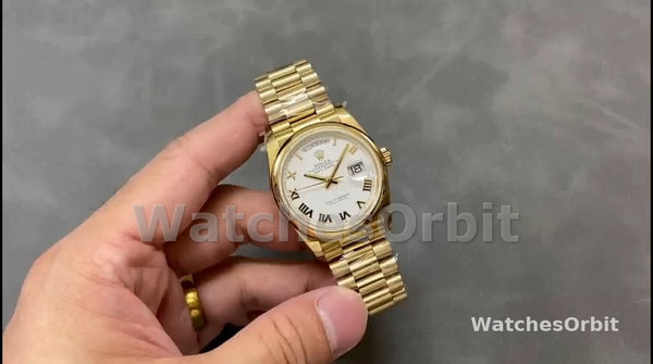 Replique Rolex Day-Date 36mm Unisex-118208-or jaune-cadran blanc-numéro romain blanc