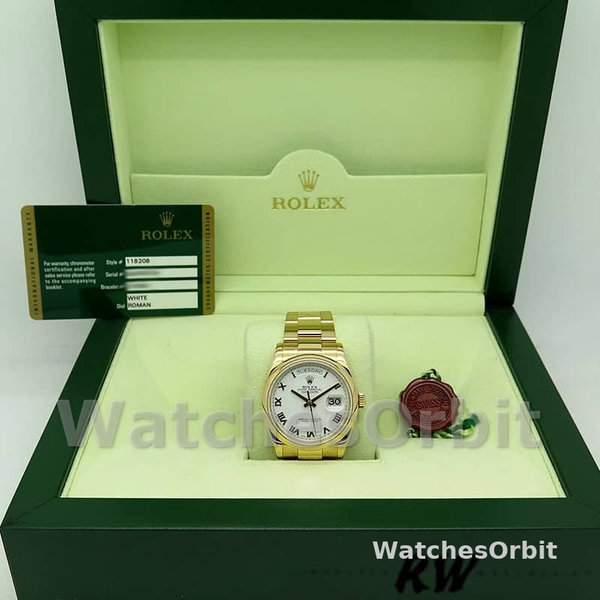 Replica Rolex Day-Date 36mm voor heren-118208 Geelgoud-Witte wijzerplaat-Roomcijfer Wit