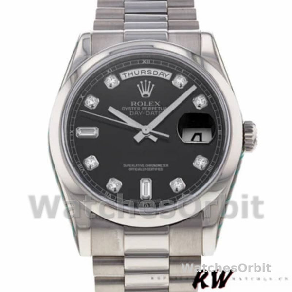 Replica Rolex Day-Date 36mm unisex-118209-zwarte wijzerplaat-wit goud zwart