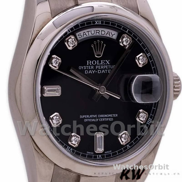 Replica Rolex Day-Date 36mm unisex-118209-zwarte wijzerplaat-wit goud zwart