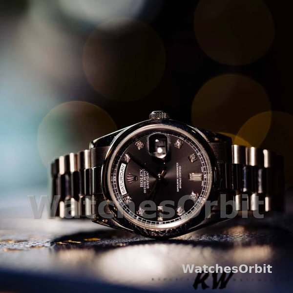 Replica Rolex Day-Date 36mm unisex-118209-zwarte wijzerplaat-wit goud zwart