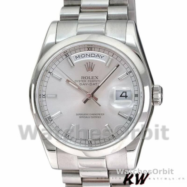 Replica Rolex Day-Date 36mm Unisex-118209-Zilveren wijzerplaat-Witgoud Zilver