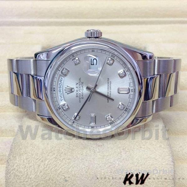 Replica Rolex Day-Date 36mm Unisex-118209-Zilver Diamond Dial-Automatic Zilver
