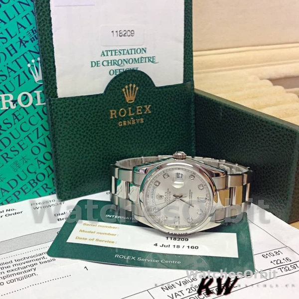 Replica Rolex Day-Date 36mm Unisex-118209-Zilver Diamond Dial-Automatic Zilver