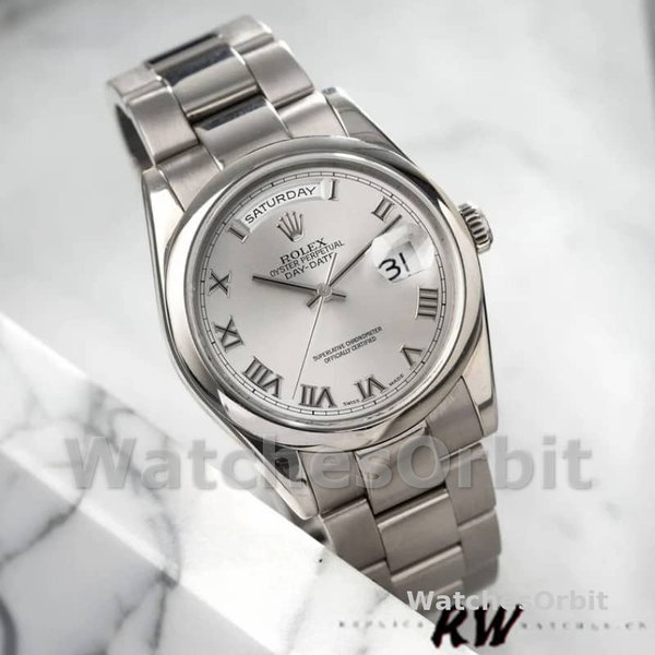 Replica Rolex Day-Date 36mm Unisex-118209-Zilver Romeinse cijfers Wijzerplaat-Automatisch Zilver