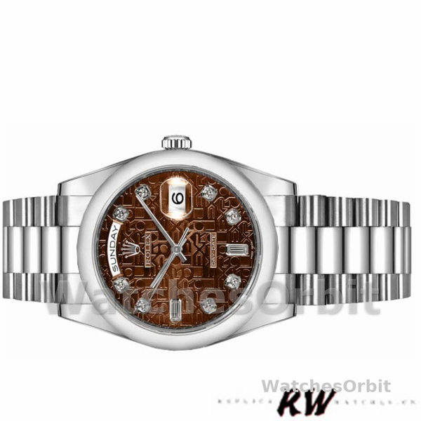 Replica Rolex Day-Date 36mm Unisex-118209-Witgoud-Jubileum-Chocoladebruine Wijzerplaat Bruin