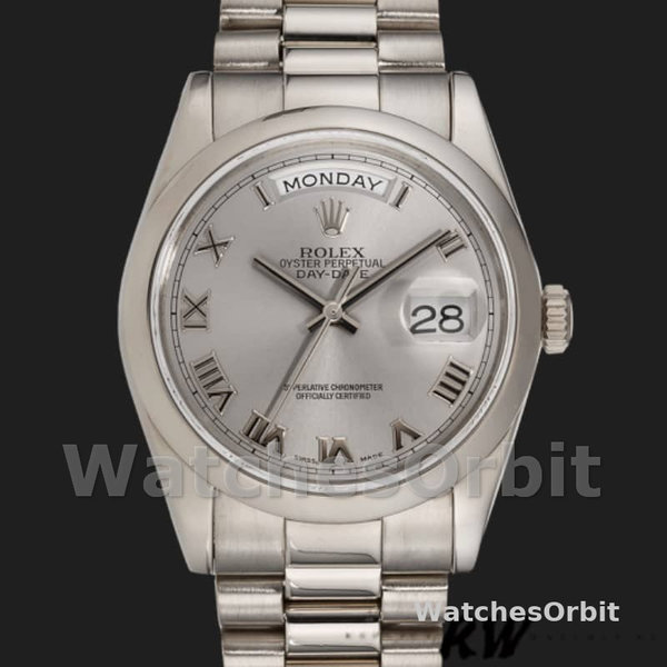 Replica Rolex Day-Date 36mm voor heren-118209-Wit goud-Zilveren wijzerplaat-Automatisch zilver