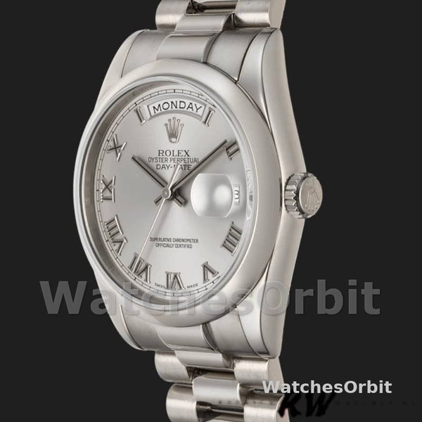 Replica Rolex Day-Date 36mm voor heren-118209-Wit goud-Zilveren wijzerplaat-Automatisch zilver
