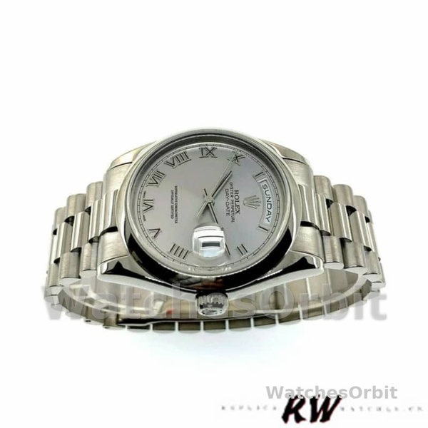 Replica Rolex Day-Date 36mm voor heren-118209-Wit goud-Zilveren wijzerplaat-Automatisch zilver