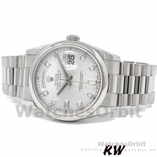 Replica Rolex Day-Date 36mm Unisex-118209-Witgoud-Zilver Diamanten Wijzerplaat-Automatisch Zilver