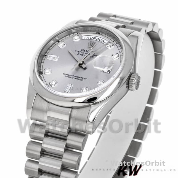 Replica Rolex Day-Date 36mm Unisex-118209-Witgoud-Zilver Diamanten Wijzerplaat-Automatisch Zilver