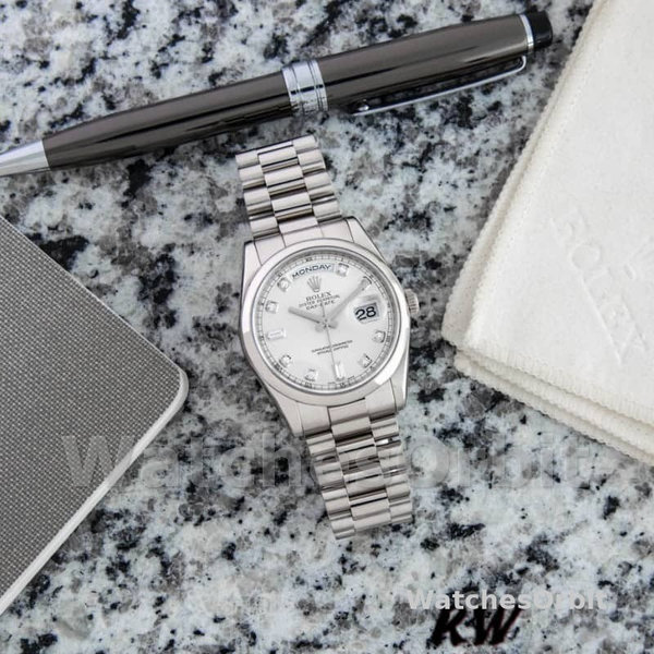 Replica Rolex Day-Date 36mm Unisex-118209-Witgoud-Zilver Diamanten Wijzerplaat-Automatisch Zilver