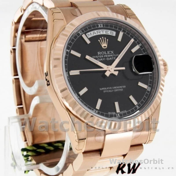 Replica Rolex Day-Date 36mm Unisex-118235-Zwarte wijzerplaat-Gefleerde lunette Zwart