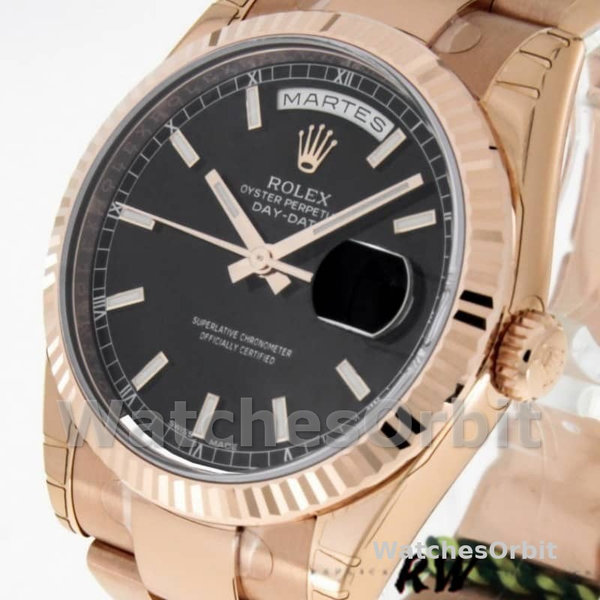 Replica Rolex Day-Date 36mm Unisex-118235-Zwarte wijzerplaat-Gefleerde lunette Zwart