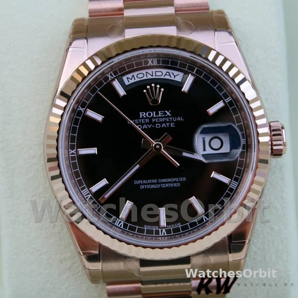 Replica Rolex Day-Date 36mm voor heren-118235-Zwarte wijzerplaat-Rose Gold Black