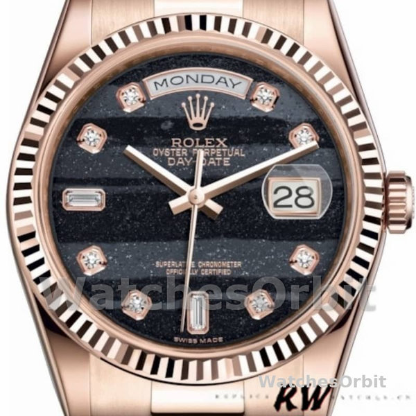 Replica Rolex Day-Date 36mm Unisex-118235-Everose Goud-Diamant Ferriet Wijzerplaat Zwart