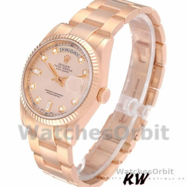 Replica Rolex Day-Date 36mm voor dames-118235-Evergoud-Roze Diamanten Wijzerplaat