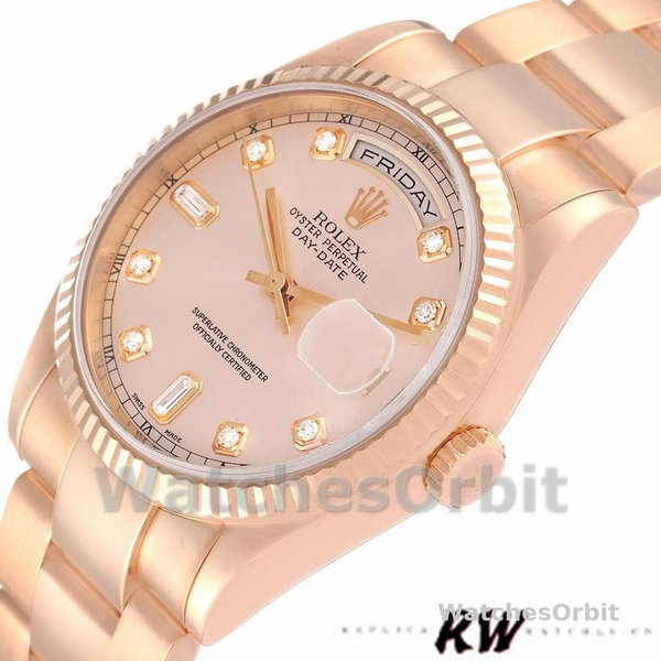 Replica Rolex Day-Date 36mm voor dames-118235-Evergoud-Roze Diamanten Wijzerplaat