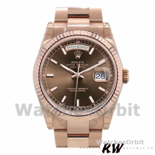 Replica Rolex Day-Date 36mm Unisex-118235 Geribbelde lunette-Cocolade Wijzerplaat Chocolade
