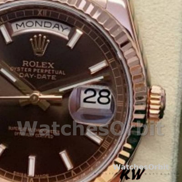 Replica Rolex Day-Date 36mm Unisex-118235 Geribbelde lunette-Cocolade Wijzerplaat Chocolade