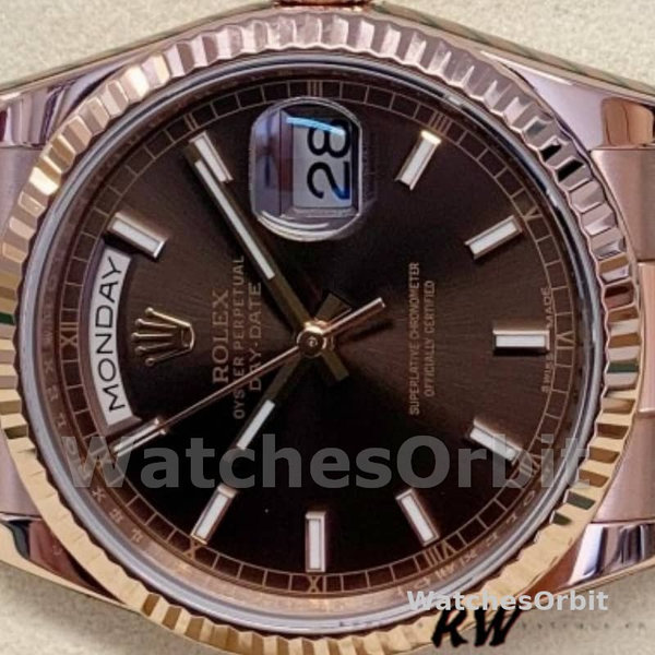 Replica Rolex Day-Date 36mm Unisex-118235 Geribbelde lunette-Cocolade Wijzerplaat Chocolade