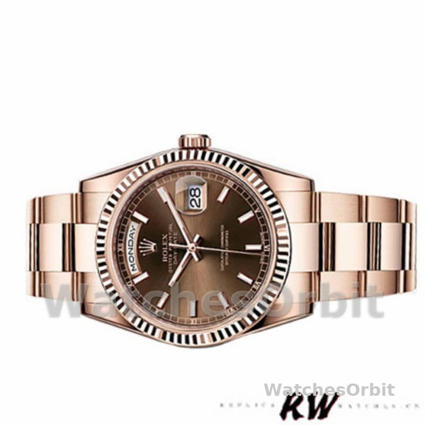 Replica Rolex Day-Date 36mm Unisex-118235 Geribbelde lunette-Cocolade Wijzerplaat Chocolade