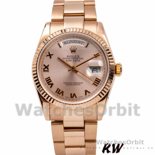 Replica Rolex Day-Date 36mm Dames-118235-Roze Romeinse cijfers Wijzerplaat-Geflutste Ring Roze