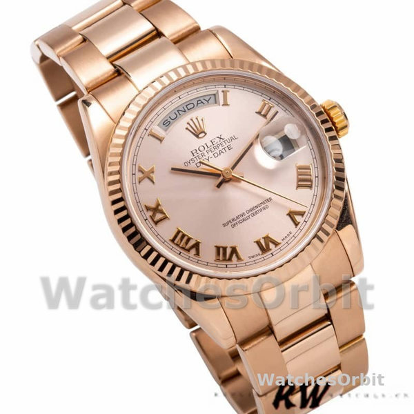 Replica Rolex Day-Date 36mm Dames-118235-Roze Romeinse cijfers Wijzerplaat-Geflutste Ring Roze