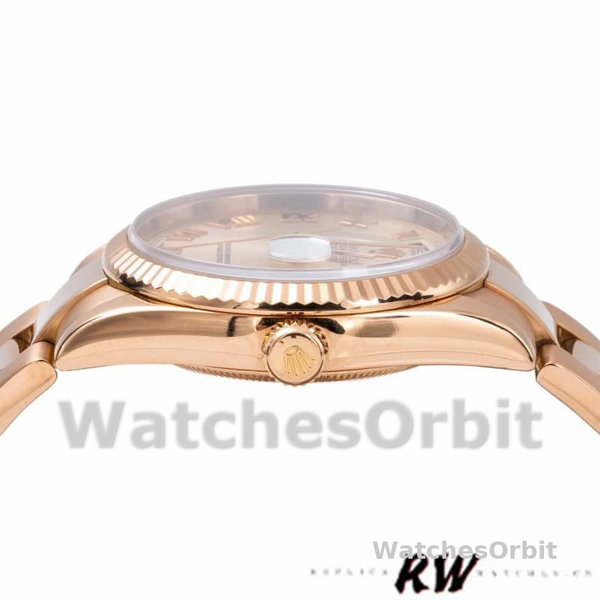 Replica Rolex Day-Date 36mm Dames-118235-Roze Romeinse cijfers Wijzerplaat-Geflutste Ring Roze