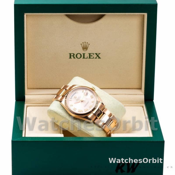 Replica Rolex Day-Date 36mm Dames-118235-Roze Romeinse cijfers Wijzerplaat-Geflutste Ring Roze