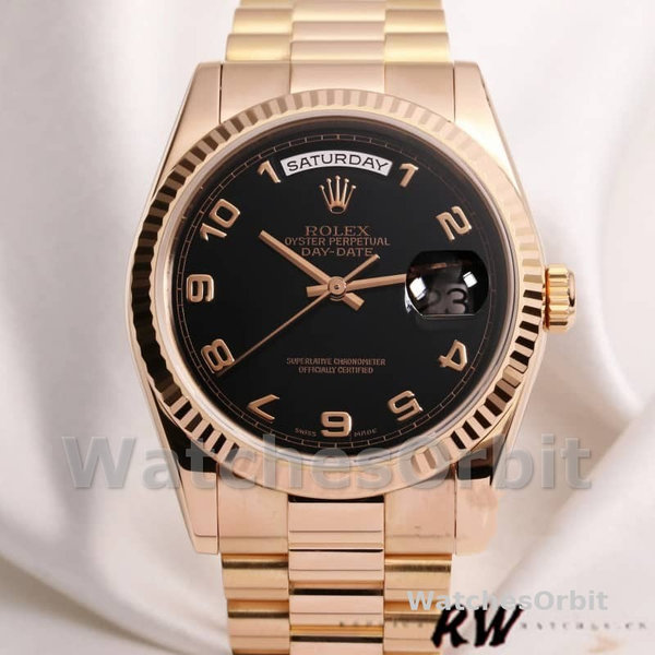Replica Rolex Day-Date 36mm unisex-118235-Rose Gold-Black Arabic Dial Zwart