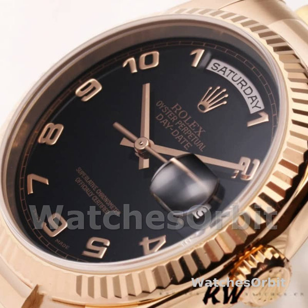 Replica Rolex Day-Date 36mm unisex-118235-Rose Gold-Black Arabic Dial Zwart