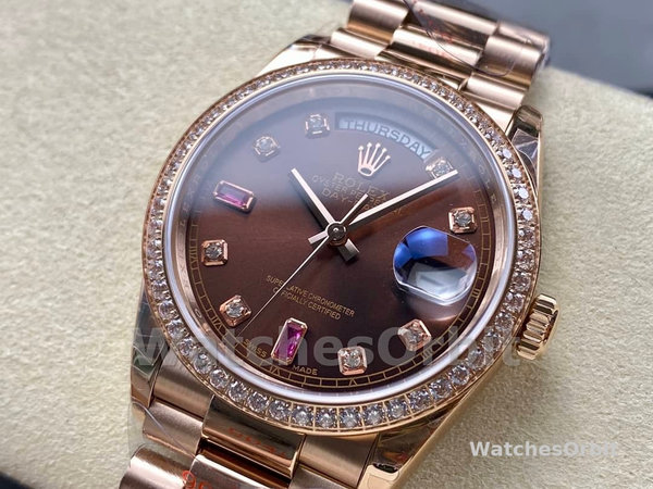 Replica Rolex Day-Date 36mm Unisex-118235-Rose Gold-Chocolate Brown Dial Chocolade