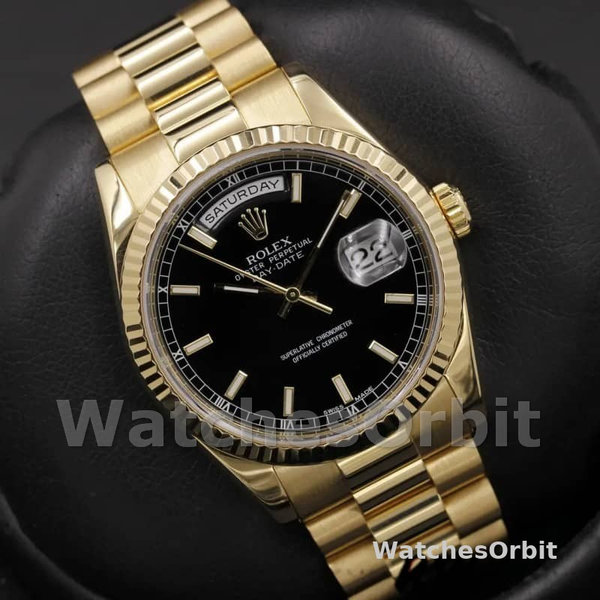 Replica Rolex Day-Date 36mm Heren-118238-Zwarte Wijzerplaat-Roestvrij Staal Zwart