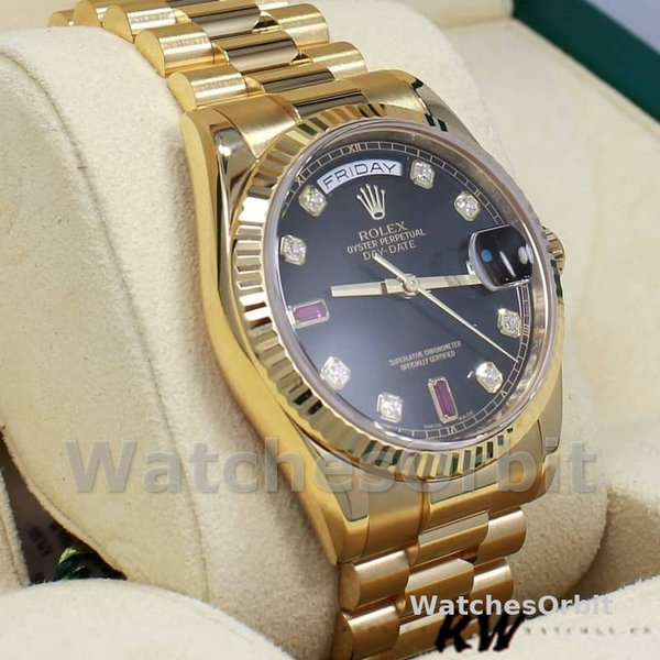 Replica Rolex Day-Date 36mm Heren-118238-Zwarte Diamanten Wijzerplaat-Spiegel Zwart