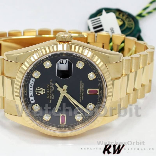 Replica Rolex Day-Date 36mm Heren-118238-Zwarte Diamanten Wijzerplaat-Spiegel Zwart