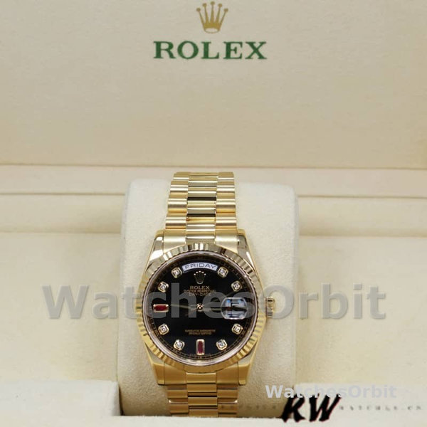 Replica Rolex Day-Date 36mm Heren-118238-Zwarte Diamanten Wijzerplaat-Spiegel Zwart