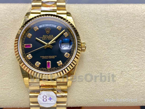 Replica Rolex Day-Date 36mm Heren-118238-Zwarte Diamanten Wijzerplaat-Spiegel Zwart