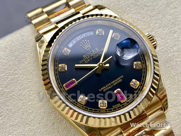 Replica Rolex Day-Date 36mm Heren-118238-Zwarte Diamanten Wijzerplaat-Spiegel Zwart