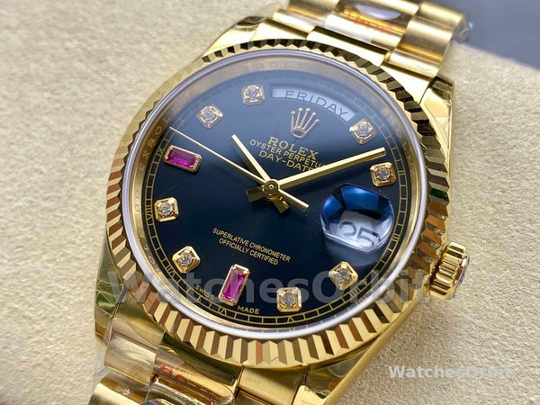 Replica Rolex Day-Date 36mm Heren-118238-Zwarte Diamanten Wijzerplaat-Spiegel Zwart