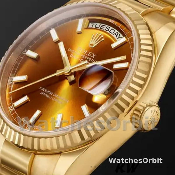 Replique Rolex Day-Date 36mm Unisex-118238-Index Cognac Dial-Fluted Bezel <span style=