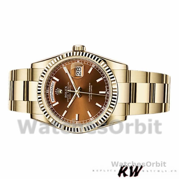 Replique Rolex Day-Date 36mm Unisex-118238-Index Cognac Dial-Fluted Bezel <span style=